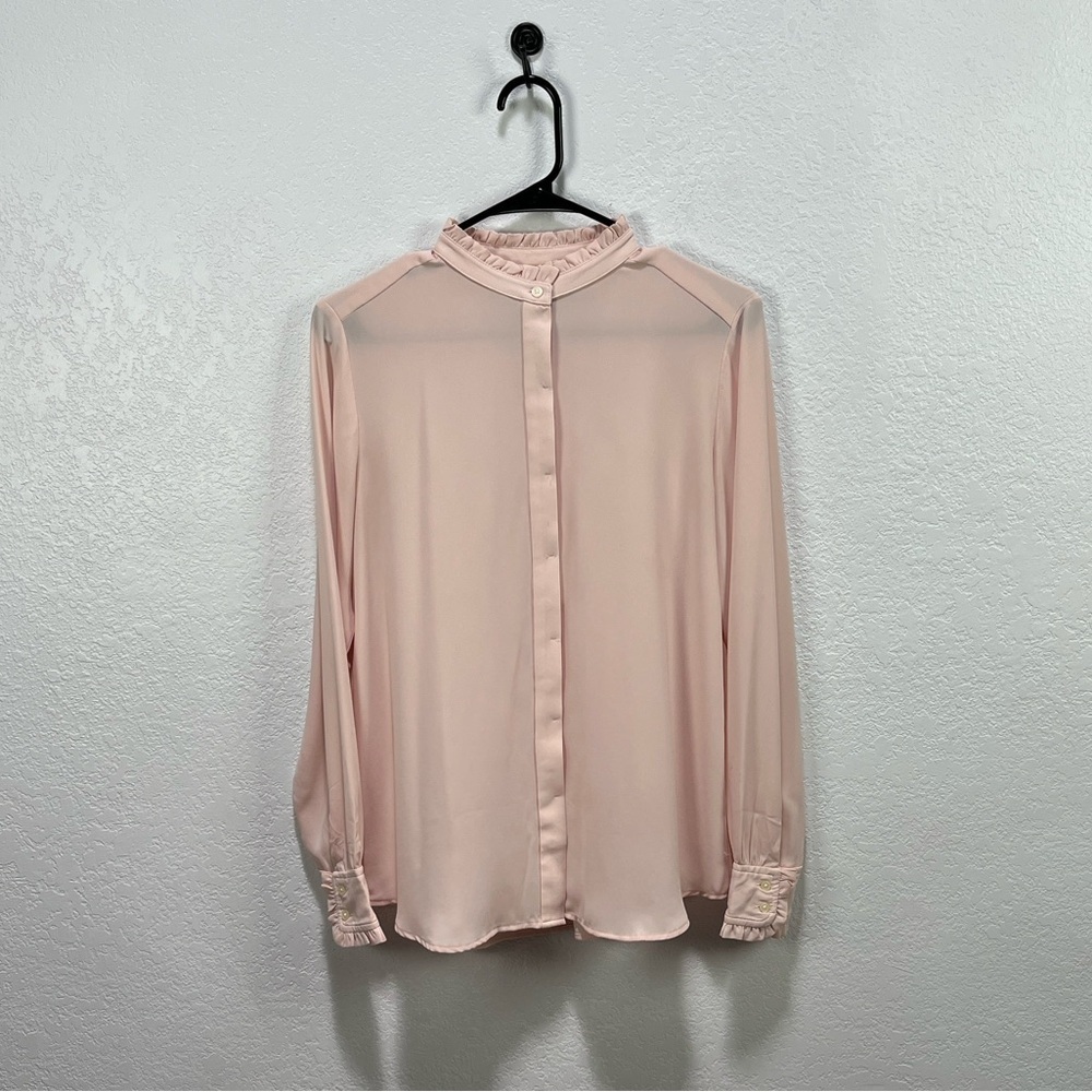 LOFT Ruffle Neck Smocked Cuffs Pale Pink
Semi Sheer Blouse Sz S Lightweight Chic